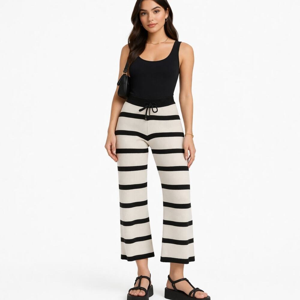 Striped Lounge Pants Wide Leg Crop Cashmere Blend Knit Black Cream M